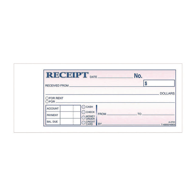Money/Rent Receipt Book, Two-Part Carbonless, 6.69 x 2.75, 50 Receipts/Book, 5 Books/Pack
