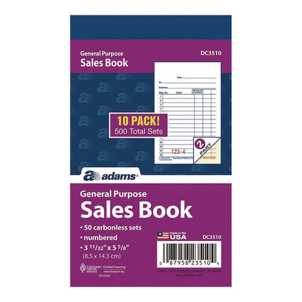Multipart General-Purpose Sales Pad, Two-Part Carbonless, 3.34 x 5.13, 50 Forms/Pad, 10 Pads/Pack