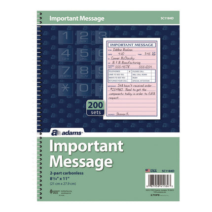 Important Message Book, Two-Part Carbonless, 4 Forms/Sheet, 200 Forms Total