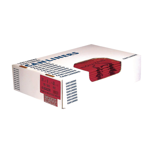 Healthcare Biohazard Printed Low-Density Can Liners, Infectious Waste, 30 gal, 3 mil, 30" x 43", Red, 100/Carton