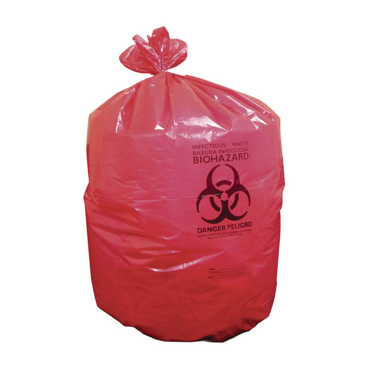 Healthcare Biohazard Printed Low-Density Can Liners, Infectious Waste, 30 gal, 3 mil, 30" x 43", Red, 100/Carton