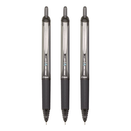 Precise V7RT Rollerball Pen, Retractable, Fine 0.7 mm, Black Ink, Black Barrel, 3/Pack
