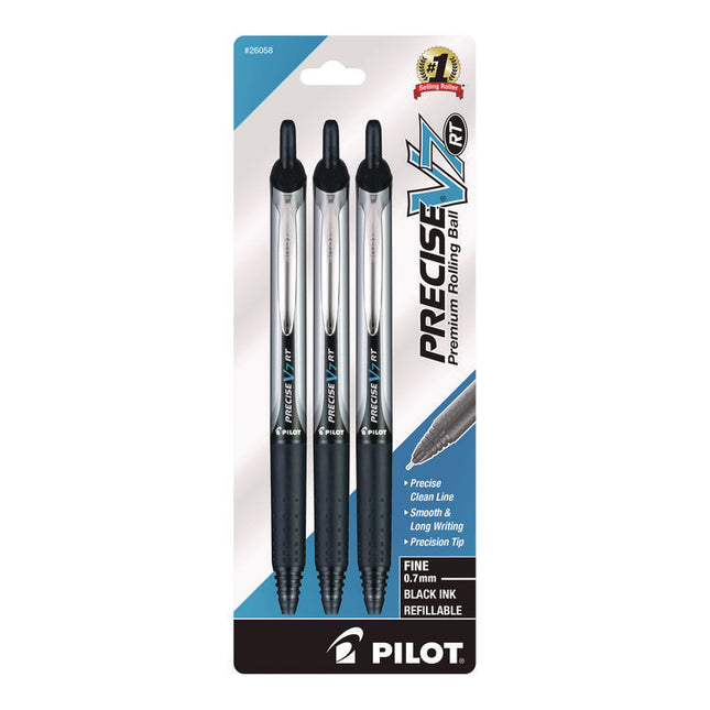 Precise V7RT Rollerball Pen, Retractable, Fine 0.7 mm, Black Ink, Black Barrel, 3/Pack
