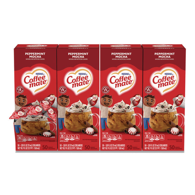 Liquid Coffee Creamer, Peppermint Mocha, 0.38 oz Mini Cups, 50/Box, 4 Boxes/Carton