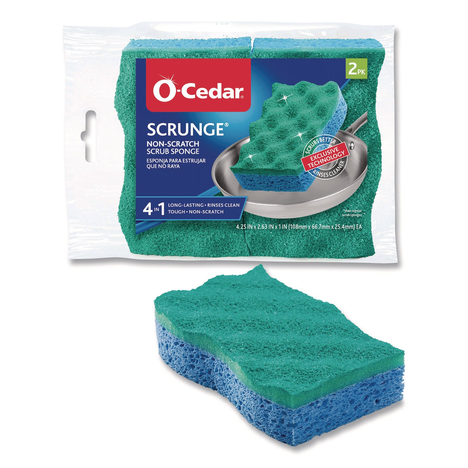 Scrunge Non-Scratch Scrub Sponge, 2.63" x 4.25", 1" Thick, Green/Blue, 2/Pack, 8 Packs/Carton