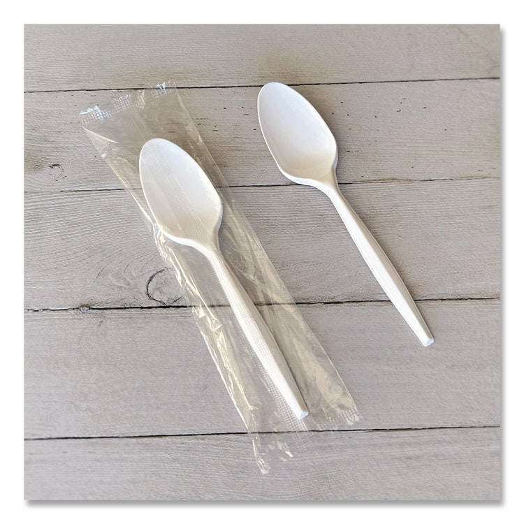 Heavyweight Wrapped Polystyrene Cutlery, Spoon, Plastic, White, 1,000/Carton