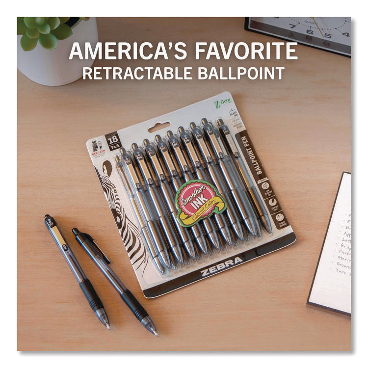 Z-Grip Ballpoint Pen, Retractable, Medium 1 mm, Black Ink, Clear/Black Barrel, 18/Pack