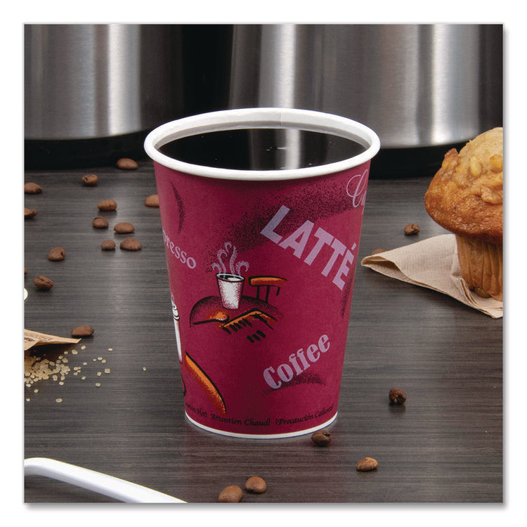 Paper Hot Drink Cups in Bistro Design, 12 oz, Maroon, 300/Carton