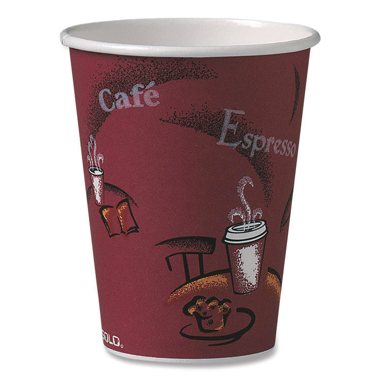 Paper Hot Drink Cups in Bistro Design, 12 oz, Maroon, 300/Carton