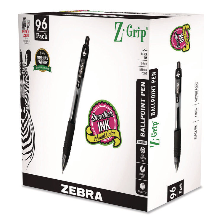 Z-Grip Ballpoint Pen, Retractable, Medium, 1 mm, Black Ink, Clear/Black Barrel, 96/Pack