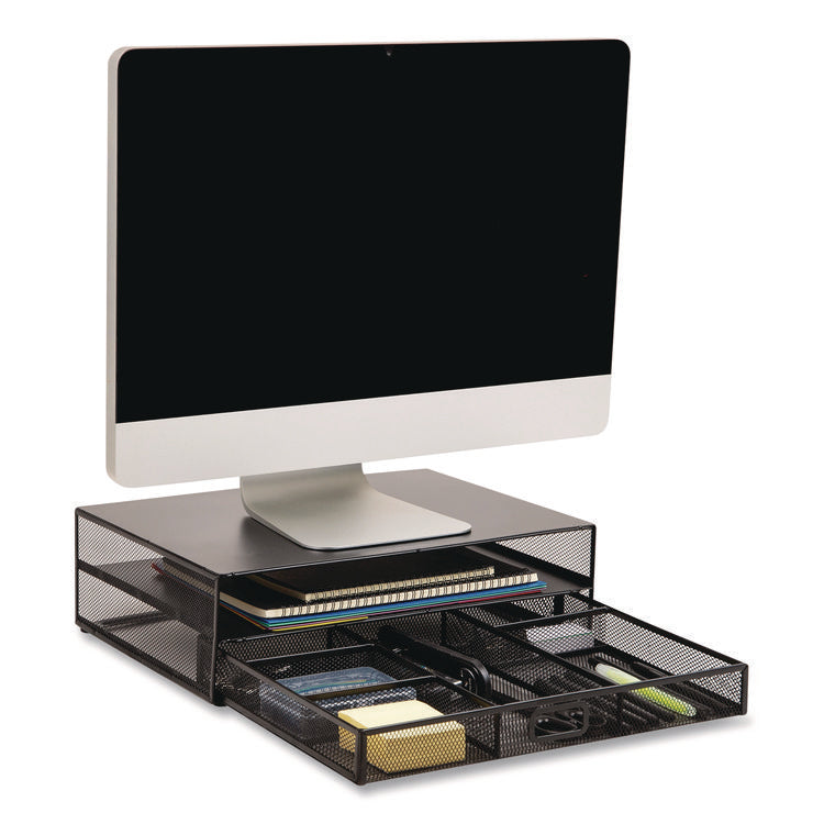 Multi-Tier Monitor Stand with 25-Piece Office Supplies Starter Pack, 15.75" x 11.75" x 4.5", Black, Supports 30 lb