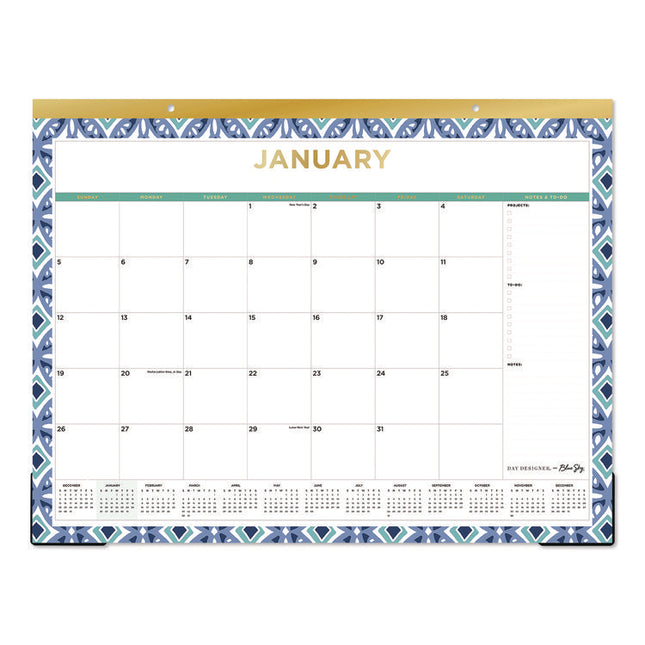 Tile Desk Pad Calendar, Geometric Artwork, 22 x 17, White Sheets, Gold Headband, Clear Corners, 12-Month (Jan to Dec): 2025