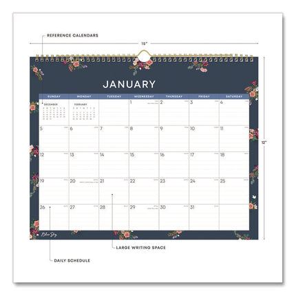 Ashlyn Monthly Wall Calendar, Floral Artwork, 15 x 12, White/Blue/Pink Sheets, 12-Month (Jan to Dec): 2025