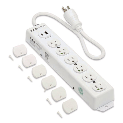 Safe-IT Medical-Grade Power Strip with Antimicrobial Protection, 6 Hospital-Grade Outlets, USB Charging, 2 ft Cord, White