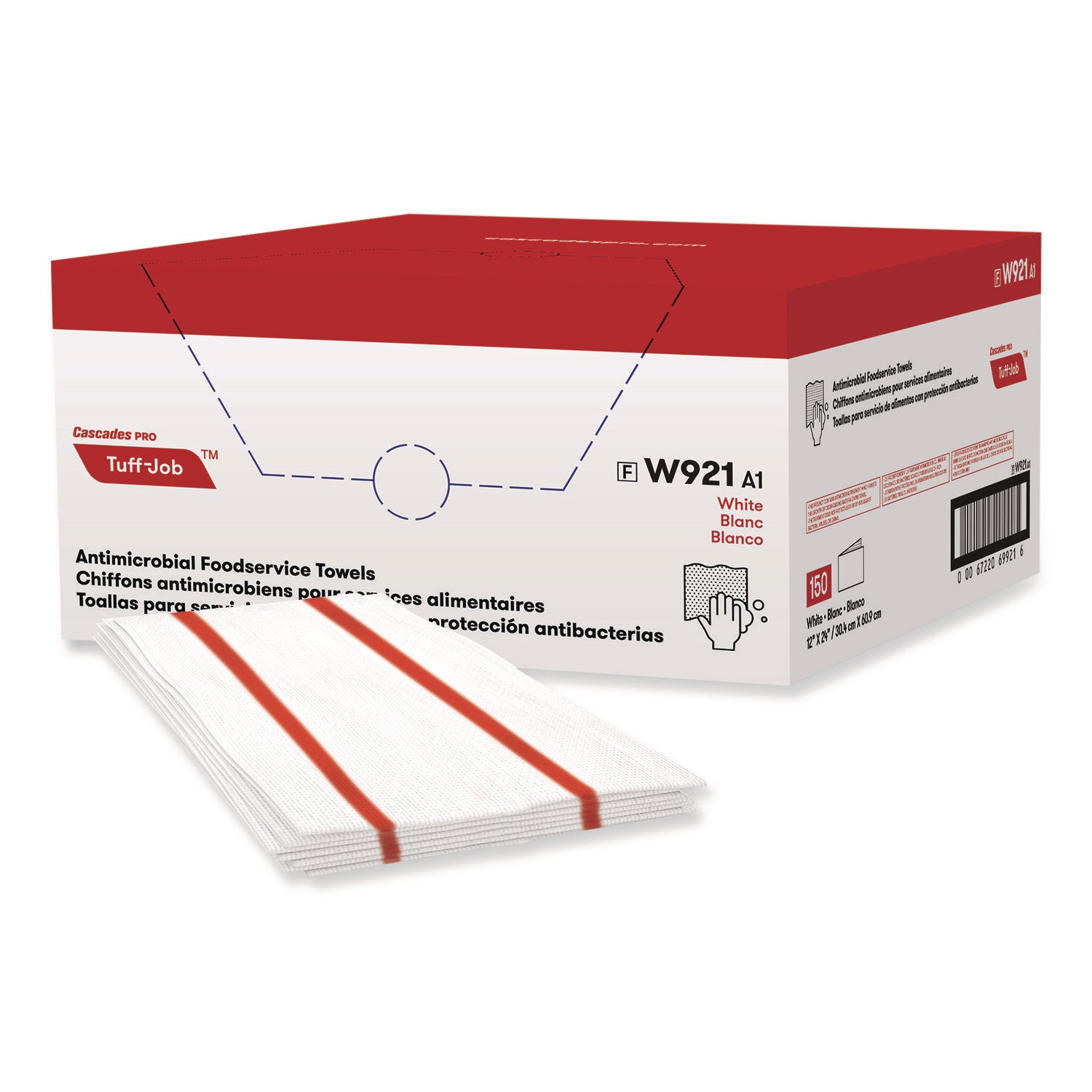 Tuff-Job S900 Antimicrobial Foodservice Towels, 12 x 24, White/Red, 150/Carton