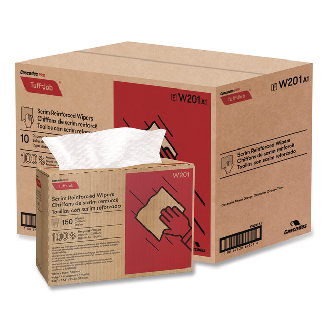 Tuff-Job Scrim Reinforced Wipers, 4-Ply, 9.25 x 12.5, White, 150/Box, 10 Boxes/Carton