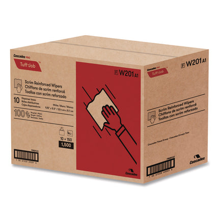 Tuff-Job Scrim Reinforced Wipers, 4-Ply, 9.25 x 12.5, White, 150/Box, 10 Boxes/Carton