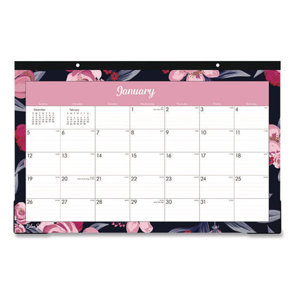 Mimi Pink Desk Pad Calendar, Floral Artwork, 17 x 11, White/Pink/Black Sheets, Black Headband, 12-Month (Jan to Dec): 2025