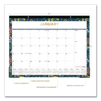 Meadow Blue Desk Pad Calendar, Floral Artwork, 22 x 17, White/Multicolor Sheet, Black Headband, 12-Month (Jan to Dec): 2025