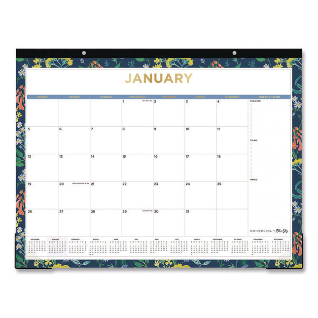 Meadow Blue Desk Pad Calendar, Floral Artwork, 22 x 17, White/Multicolor Sheet, Black Headband, 12-Month (Jan to Dec): 2025