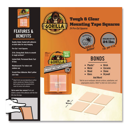 Tough and Clear Double-Sided Mounting Tape Squares, Holds Up to 0.58 lb per Pair (Up to 7 lb per 24), 1" x 1", Clear, 24/Pack