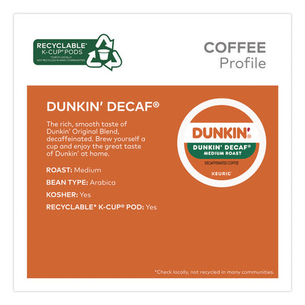 K-Cups, Dunkin' Decaf, 0.37 oz, 22/Box, 4 Boxes/Carton
