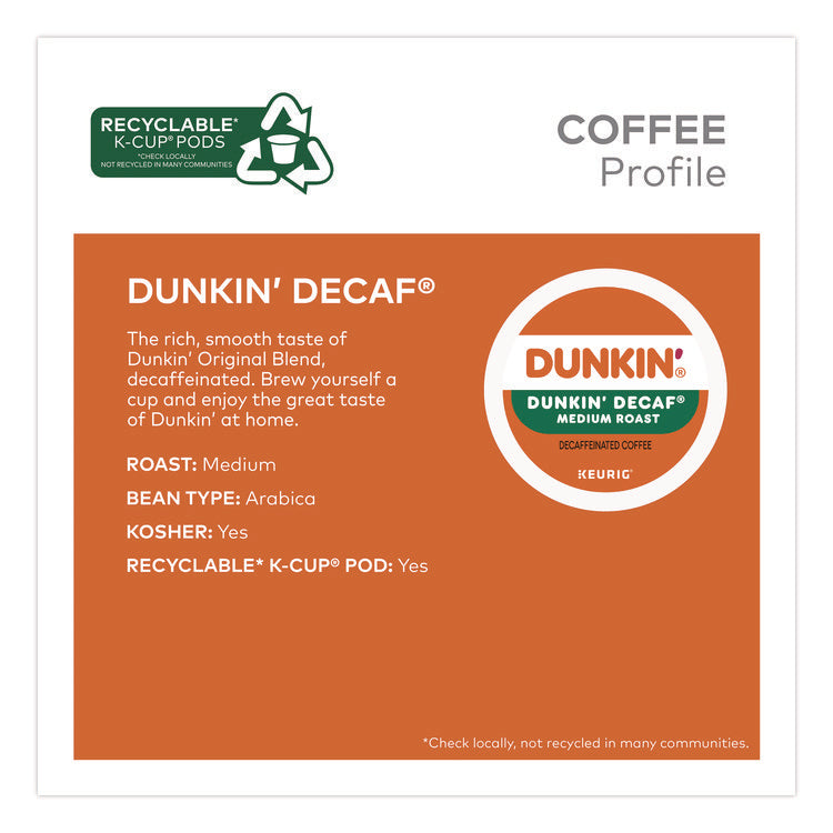 K-Cups, Dunkin' Decaf, 0.37 oz, 22/Box, 4 Boxes/Carton