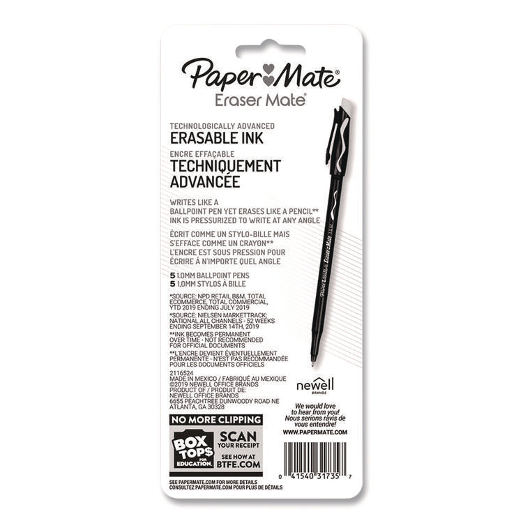 Eraser Mate Ballpoint Pen, Stick, Medium 1 mm, Red Ink, Red Barrel, 5/Pack