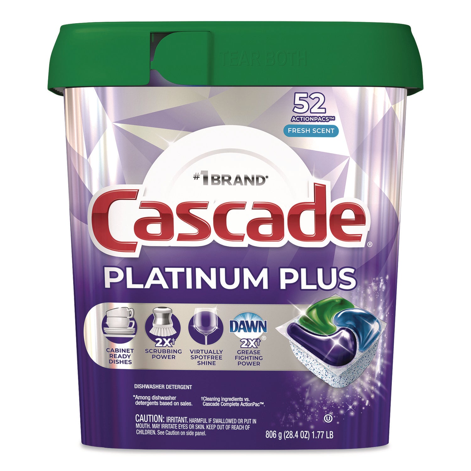 Platinum Plus ActionPacs Dishwasher Detergent Pods, Fresh Scent, 28.4 oz Tub, 52/Pack