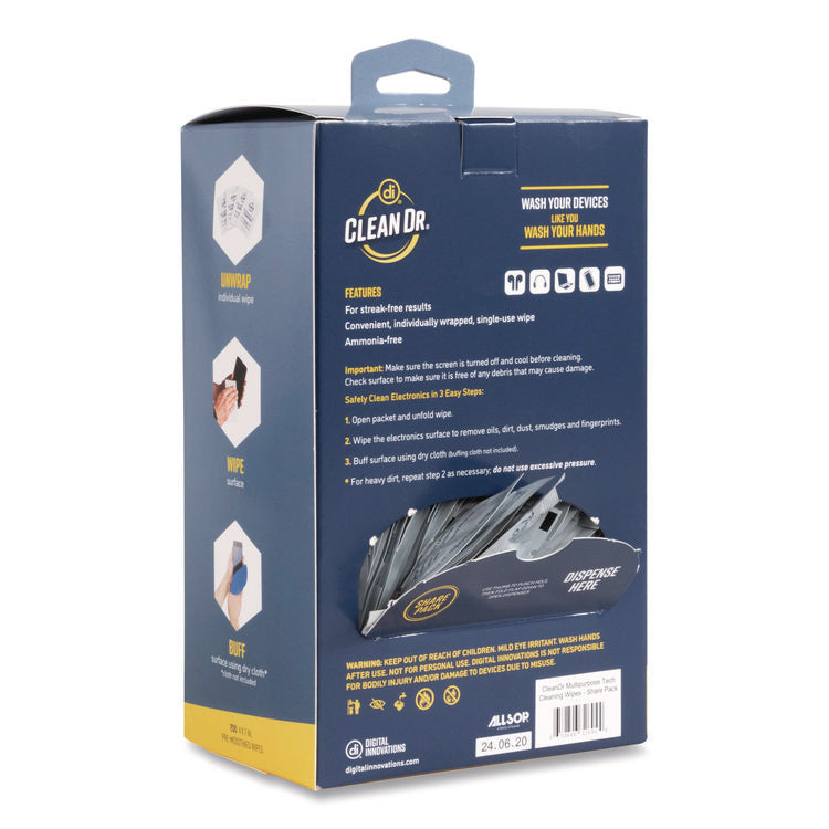 ScreenDr Multipurpose Tech Cleaning Wipes, 10-Ply, 7 x 4, Unscented, White, 200/Pack