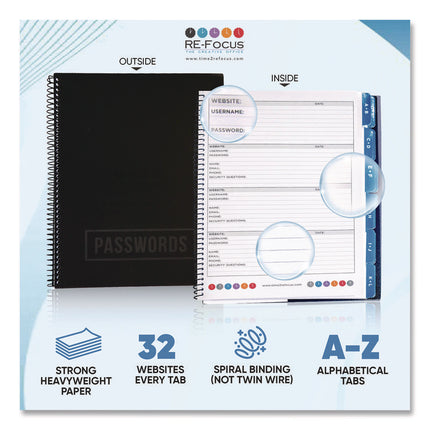 Large Password Log Book, User-Name/Password Format, Black Cover, (48) 10 x 7.5 Sheets