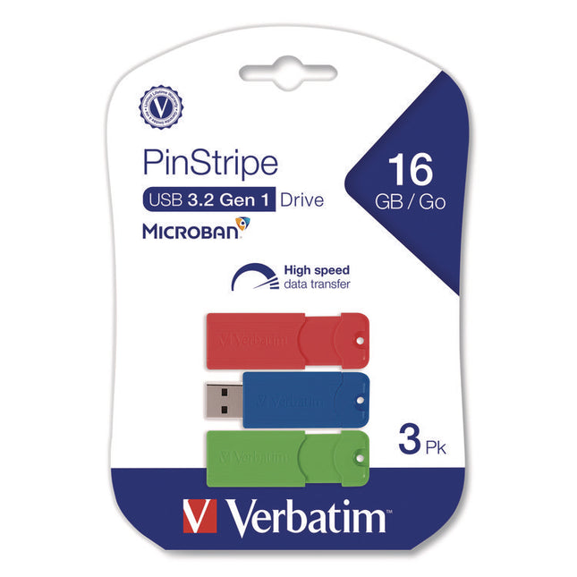 PinStripe USB 3.2 Flash Drive, 16 GB, Blue/Green/Red, 3/Pack