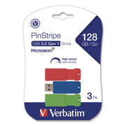 PinStripe USB 3.0 Flash Drive, 128 GB, Blue/Green/Red, 3/Pack