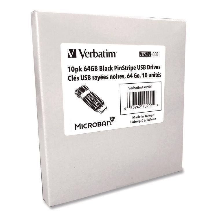 Pinstripe USB 2.0 Flash Drive, 64 GB, Black, 10/Pack