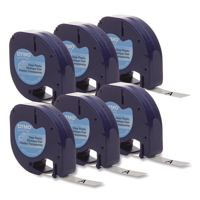 LetraTag Plastic Label Tape Cassette, 0.5" x 13 ft, Black on Clear, 6/Pack