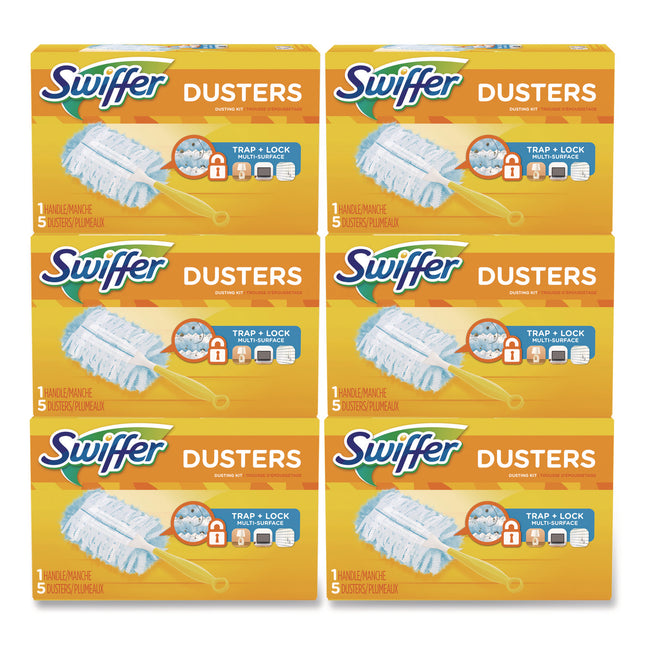 Dusters Starter Kit, Dust Lock Fiber, 6" Handle, Blue/yellow, 6/carton