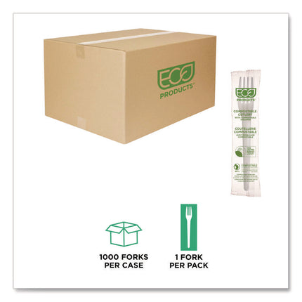 Plantware CPLA Cutlery, Individually Wrapped, Fork, White, 1,000/Carton