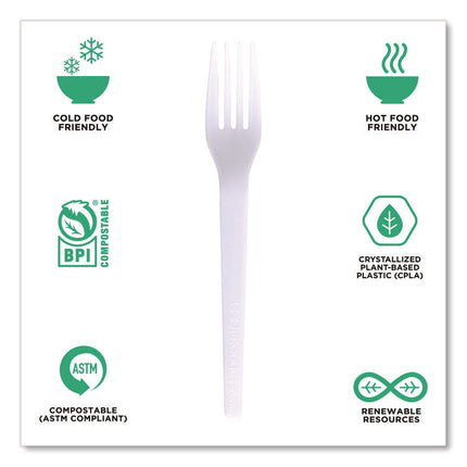 Plantware CPLA Cutlery, Individually Wrapped, Fork, White, 1,000/Carton