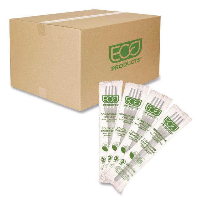 Plantware CPLA Cutlery, Individually Wrapped, Fork, White, 1,000/Carton
