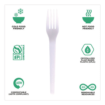Plantware CPLA Cutlery, Fork, White, 1,000/Carton