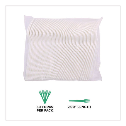 Plantware CPLA Cutlery, Fork, White, 1,000/Carton