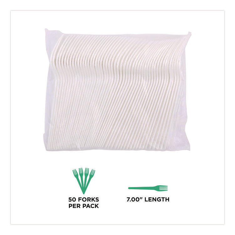 Plantware CPLA Cutlery, Fork, White, 1,000/Carton