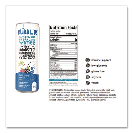 Antioxidant Sparkling Water, Triple Berry Breez'r, 12 oz Can, 12 Cans/Carton