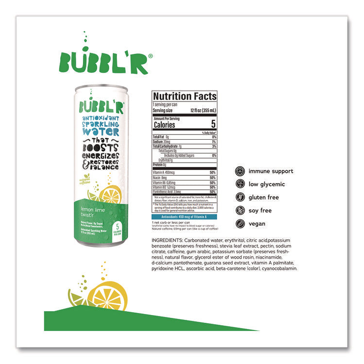 Antioxidant Sparkling Water, Lemon Lime Twist'r, 12 oz Can, 12 Cans/Carton