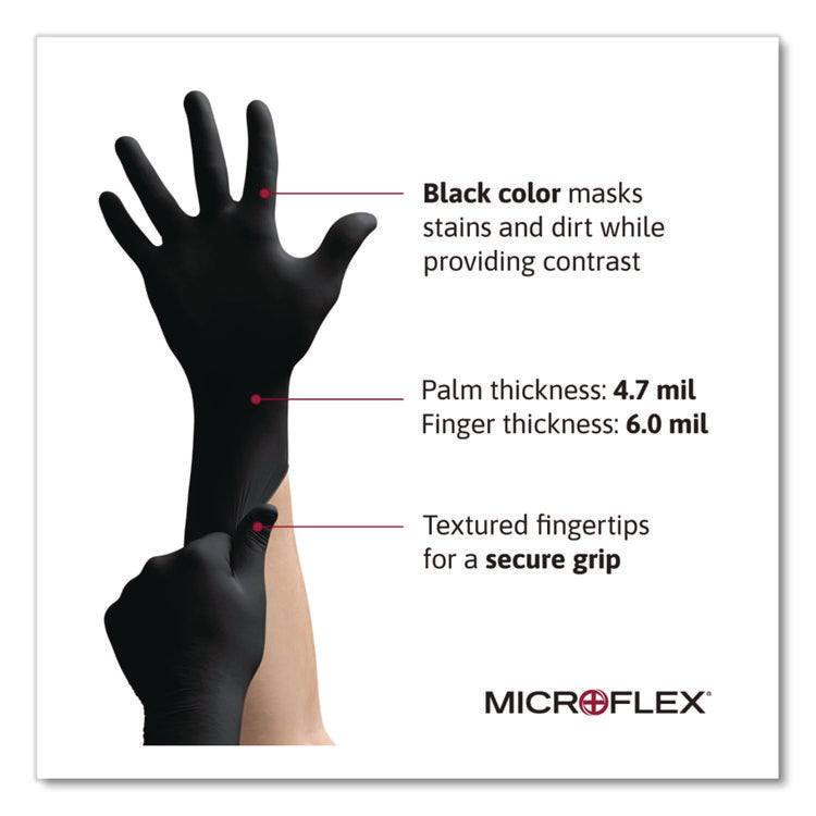 Microflex Midknight Powder-Free Nitrile Gloves, 4.7 Mil Palm, 5.9 Mil Fingers, 2x-Large, Black, 100/box