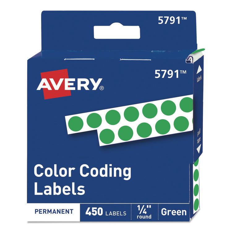 Handwrite-Only Permanent Self-Adhesive Round Color-Coding Labels in Dispensers, 0.25" dia, Green, 450/Roll, (5791)
