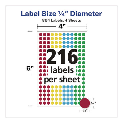 Handwrite-Only Self-Adhesive "See Through" Removable Round Color Dots, 0.25" dia, Assorted, 216/Sheet, 4 Sheets/Pack, (5796)