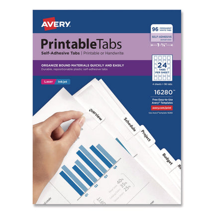 Printable Plastic Tabs with Repositionable Adhesive, 1/5-Cut, White, 1.25" Wide, 96/Pack