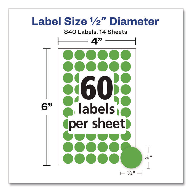 Handwrite Only Self-Adhesive Removable Round Color-Coding Labels, 0.5" dia, Neon Green, 60/Sheet, 14 Sheets/Pack, (5052)