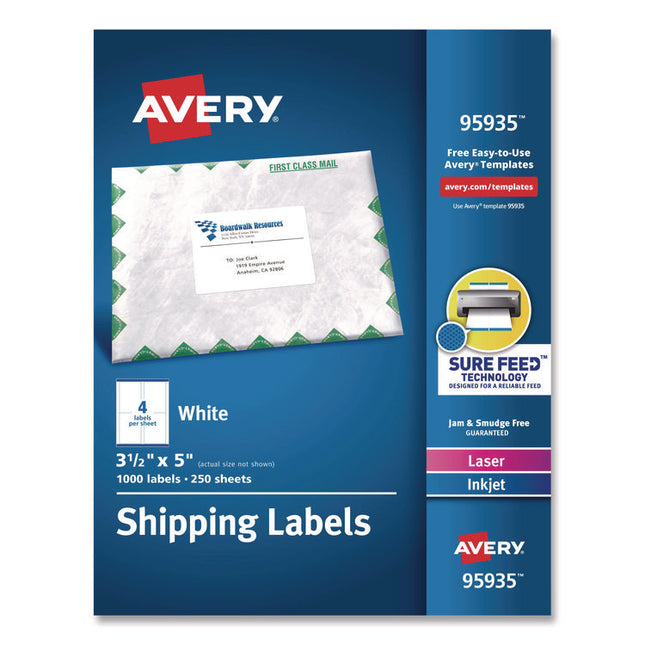 White Shipping Labels-Bulk Packs, Inkjet/laser Printers, 3.5 X 5, White, 4/sheet, 250 Sheets/box